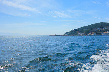 Blue seascape overlooking the coast of Turkey on a summer day.