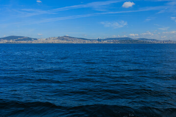 Blue seascape overlooking the coast of Turkey on a summer day.
