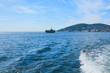 Blue seascape overlooking the coast of Turkey on a summer day.