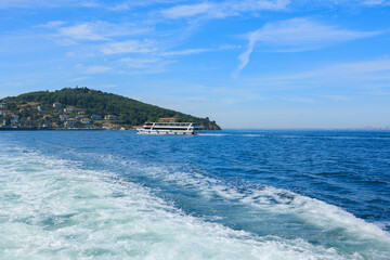 Blue seascape overlooking the coast of Turkey on a summer day.
