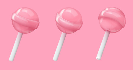 Set of different sides realistic pink glossy candy on a stick, lollipop. Look like 3d rendering. Vector illustration for card, party, design, flyer, poster, decor, banner, web, advertising.
