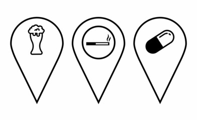 Location icons set. Navigation icons. Map pointer icons. Location symbols. Location pins with bar, pub, beer, cigarettes, smoking area, addiction, pill, medicine. Vector illustration