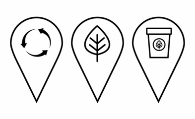 Map pointers icon set. Location pin collection. Pointer icon pin on the map to show the location. A set of pins with the image of ecology, garbage recycling, protection of nature. Vector
