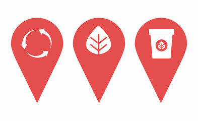Map pointers icon set. Location pin collection. Map pointer GPS location. Pointer icon pin on the map to show the location. Recycling and ecology icons. Vector illustration