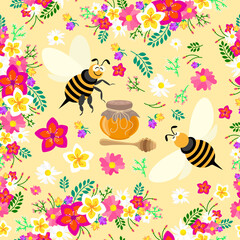 Seamless pattern with bees and a jar of honey on a bright floral background