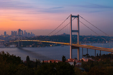 Fototapeta na wymiar Istanbul background photo. Bosphorus Bridge at sunset. Noise included