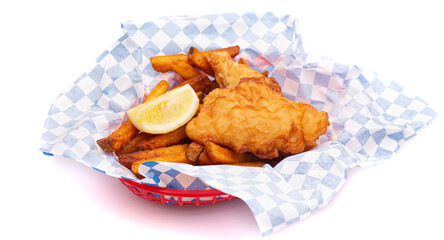 Meal of Fish and Chips Isolated on a White Background