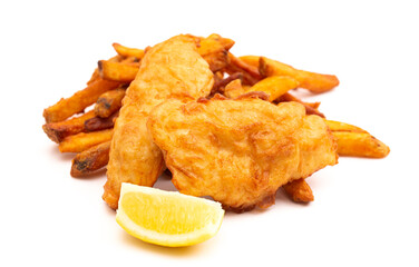 Meal of Fish and Chips Isolated on a White Background