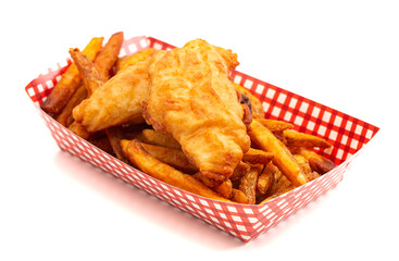 Meal of Fish and Chips Isolated on a White Background