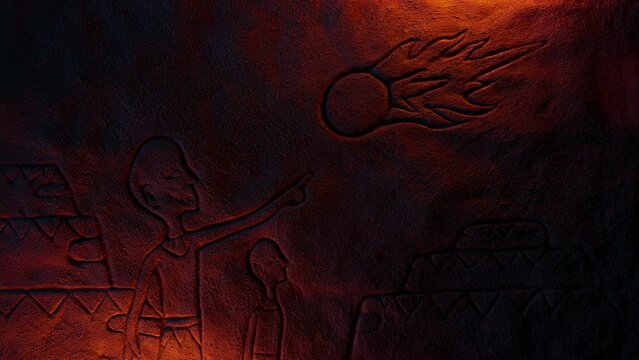 UFO And Ancient People Rock Carving In Firelight