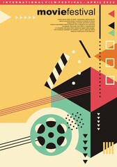 Abstract Memphis style graphic design concept for movie festival poster. Geometric shapes and elements, film reel and clap board on colorful background. Vector illustration. - obrazy, fototapety, plakaty