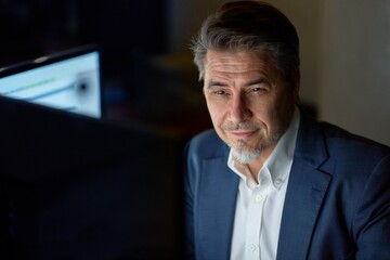 Businessman working with computer at office desk, thinking, smiling. Portrait of happy mid adult man in shirt and jacket, smiling.