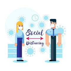 Social distancing, keep distance in public society people to protect from COVID-19 coronavirus outbreak spreading concept, businessman and woman keep distance away in the meeting with virus pathogens
