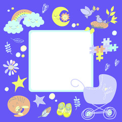 A frame with cute children's items. Cartoon doodle newborn's clipart for baby photo albom, invitation card, children's room, poster. Vector sun, moon, rainbow, stars, birds, flowers, leaves, hearts. 