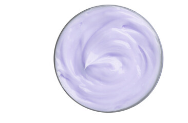 Cosmetic purple cream in a jar top view geometric background