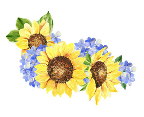 Watercolor sunflower clipart, Boho sunflower for wedding invitation. Blue and yellow flowers for wreath, frames, ornaments. Summer garden flowers botanical illustration. - 490946887