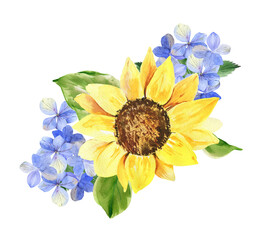 Watercolor sunflower clipart, Boho sunflower for wedding invitation. Blue and yellow flowers for wreath, frames, ornaments. Summer garden flowers botanical illustration.