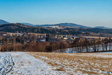Obraz premium Stare Mesto town with Jeseniky mountains on the background in Czech republic