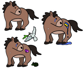 Vector simple illustration set, ready to print: cute sad crying horse with the flag of Ukraine, peace symbol