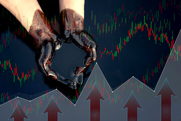 Crude oil in the bowl of hands against the background of a black oily puddle and stock growth charts. Double exposure. Concept of business and the natural resources stock market