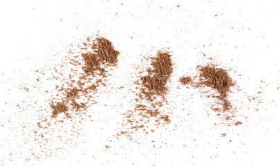 Fototapeta na wymiar Ground, milled nutmeg powder isolated on white, top view