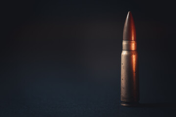 Assault rifle bullet on isolated black background. Impressive assault rifle bullet background, wallpaper. Minimalism concept. - obrazy, fototapety, plakaty