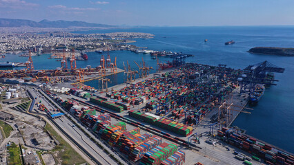 Aerial drone photo of industrial logistics unloading import and export container terminal of Perama...