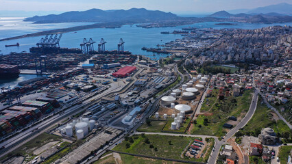 Aerial drone photo of industrial logistics unloading import and export container terminal of Perama - Piraeus, Attica, Greece