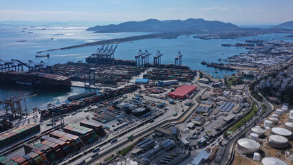 Aerial drone photo of industrial logistics unloading import and export container terminal of Perama - Piraeus, Attica, Greece