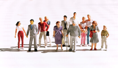 Group of mixed people, old and young, standing in a line or queue symbolized by small figurines - obrazy, fototapety, plakaty