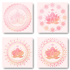 Set of lotus floral mandala ornament. Cute folk vector illustration background