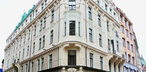 Fototapeta na wymiar Riga, Latvia - Facade of Building in Art Nouveau architecture style in Riga, capital of Latvia;