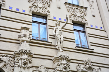 Fragment of Building in Art Nouveau architecture style in Riga, capital of Latvia; Alberta Street
