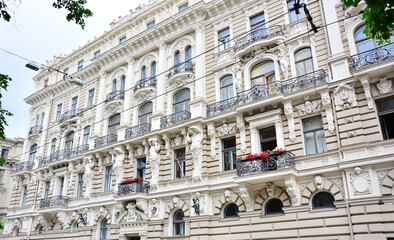 Facade of Building in Art Nouveau architecture style in Riga, capital of Latvia;