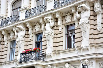 Fragment of Building in Art Nouveau architecture style in Riga, capital of Latvia;