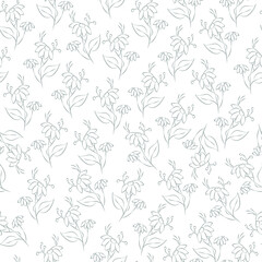 Vector green gray illustration. Floral seamless pattern. Bouquet of wild flowers. Hand drawn flower field. Simple flowers. Flowering heads of field chamomile. Outline drawing.