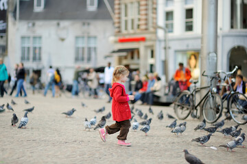 Cute little girl feeding and chasing birds on Dam Square in Amsterdam on summer day.