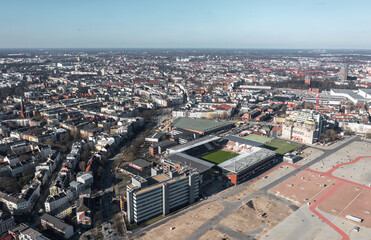 Fototapeta na wymiar Aerial spring view over St. Pauli district and stadium in Hamburg, Germany