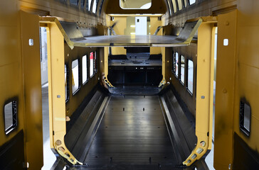 Inside of the rail car assembly plant. Industrial workshop for production of high speed trains....