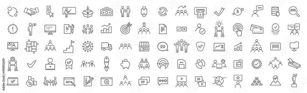 Poster teamwork and accounting line icons collection. big ui icon set. thin outline icons pack. vector illu