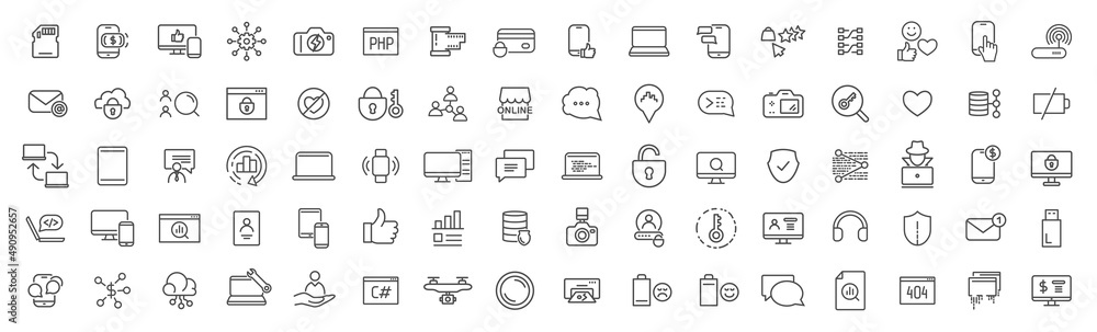 Poster technologies and business line icons collection. big ui icon set. thin outline icons pack. vector il