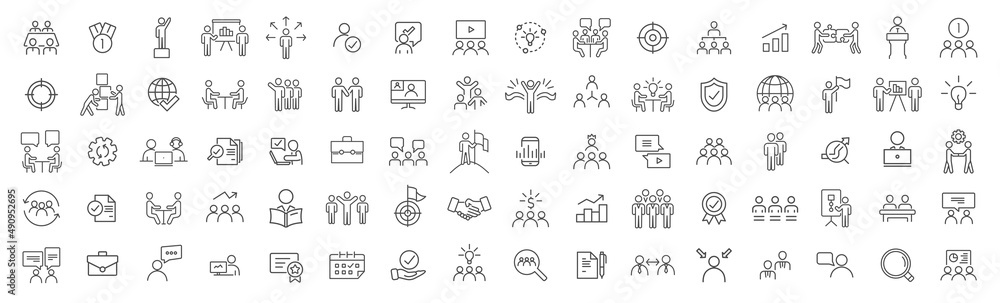 Poster business training and office line icons collection. big ui icon set. thin outline icons pack. vector