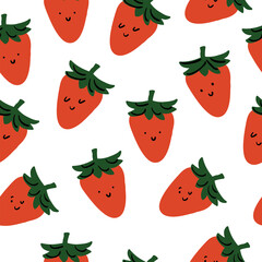 Strawberry Modern creative seamless pattern. Funny pink characters with happy faces. Vector cartoon illustration in simple hand drawn scandinavian style. Ideal for printing baby products.