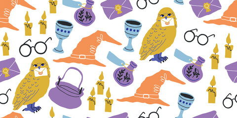 Seamless pattern: elements for witches and wizards in doodle style - owl, potion, round glasses, pot, kettle, white owl, letter, grail, goblet, witch hat, candles, book of spells. Kids magic pattern