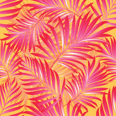 Fototapeta na wymiar Palm. Seamless pattern of branches and leaves of tropical plants and trees. Vector image. 