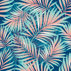 Palm. Seamless pattern of branches and leaves of tropical plants and trees. Vector image. 