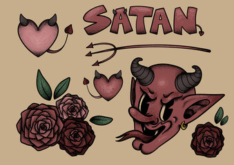 Sticker sheet tattoo art 50s cartoon retro vintage satan devil roses 