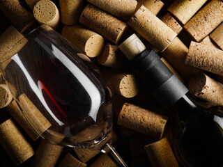 Luxurious composition. A bottle of fine red wine and a wine glass lie on the corks. There are no...