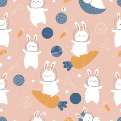Space seamless pattern with cute kawaii rabbit, carrots, stars, planets and rocket. Cartoon bunny on pink background. Vector illustration. © Kristina