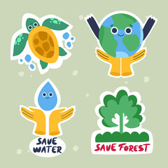 Set of environmentally friendly stickers. Save the planet. Save the forests. Stop plastic. World Earth Day. Vector illustration.